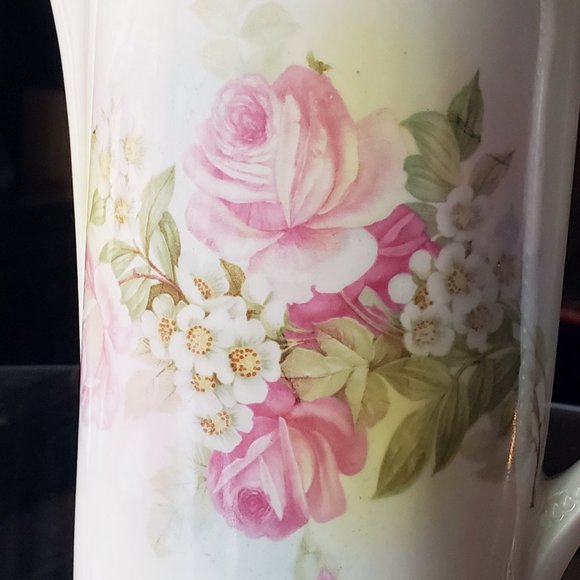 ANTIQUE GERMAN PORCELAIN CERAMIC PINK ROSES CHOCOLATE COFFEE TEA POT - Picture 4 of 14